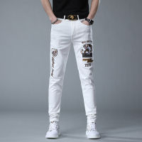 European And American 2023 Spring New Style White Jeans Mens Fashion Embroidered Stretch Slim Fit Tapered Casual Pants