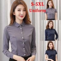 COD DSFERTRETRE S-5XL Women Long Sleeve Officewear Work Top Shirts Female Solid Grey Formal Blouses Uniform