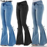 2022 Fashion Mid Waist Flared Jeans Women Bow Boot Cut Casual Lady Lace Up Trousers Cowgirl Vintage Blue Bell Bottom Denim Pants