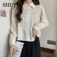 Shufu2036 พร้อมส่ง เสื้อครอปแขนยาว คอปกโปโล พลัสไซซ์ สไตล์เกาหลี สําหรับผู้หญิง