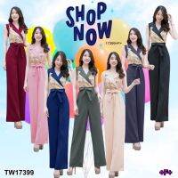 TW17399 Jumpsuit จั้มสูทขายาว แขนกุด คอปก อกแต่งลาย ทรงเชือกผูกเอว งานสุดหรู ทรงเข้ารูปสวย