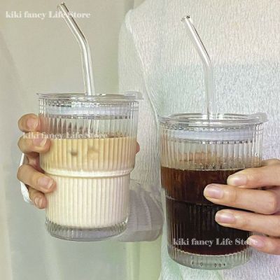 แก้วมักถ้วยแก้วอาหารเช้ามอคค่านมแก้วน้ำผลไม้ถ้วยมีฝากระจกมีลายสีฟ้าใสแก้วกาแฟขนาด450มล. และถ้วยชา