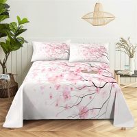 ◐ Pink Cherry Blossom 0.9/1.2/1.5/1.8/2.0m Bedding Digital Printing Polyester Bed Flat Sheet with Pillowcase Print Bedding Set