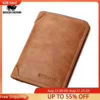 BISON DENIM Genuine Leather Wallet Vintage yellow Mens purse Cards Holder Soft Leather men purses Short Men Wallet W4361