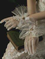 ۞❧ Tulle Short Full Finger Anti-UV Driving Weddings Events Pearls Bridal Accessories Sun Protection Designer Gloves