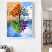 Four Seasons Tree Scenery ภูมิทัศน์ภาพวาดผ้าใบโปสเตอร์พิมพ์ Frameless HD พิมพ์ภาพผนังศิลปะ Living Room Decor