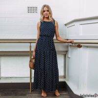 7AA-Womens Sleeveless Polka Dots Party Bodycon Summer Beach Long Maxi Dress