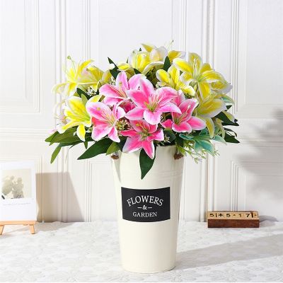 【CC】 35cm rainbow rayon large bouquet of lilies artificial flowers wedding flower bride hand decoration