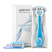 ?QSHAVE มีดโกนหนวดสำหรับผู้หญิงมีดโกน5ใบมีดบิกินี่สตรีกำจัดขนใบมีดผลิตในสหรัฐมีดโกน + 2ตลับ + ที่ยึด + ไม้