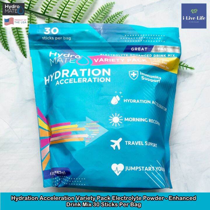 ผงอิเล็กโทรไลต์-วิตามินและแร่ธาตุ-4-รสชาติ-hydration-acceleration-variety-pack-electrolyte-powder-enhanced-drink-mix-30-sticks-per-bag-hydromate-เกลือแร่