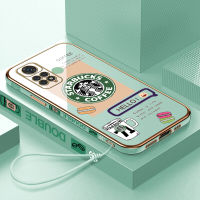 เคสเคสมือถือสำหรับ Xiaomi Redmi Note 11 4G พร้อมโลโก้ฟรีสายคล้อง + แฟชั่น Starbucks เคสขอบสี่เหลี่ยมชุบฝาหลังนิ่ม