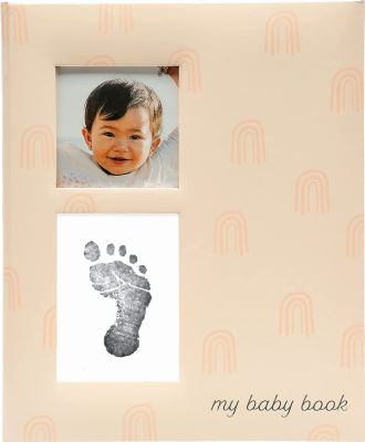 Pearhead Baby Memory Book and Clean-Touch Ink Pad, Baby Girl or Baby Boy Journal, Baby Milestone Photo Album, Blush Rainbow Blush Rainbow Babybook