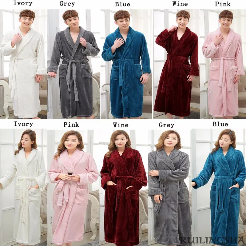 Women Men Winter Plus Size Flannel Robe Extra Long Hooded Warm Bathrobe  Lovers Thick Kimono Bath Robe Male Dressing Gown Robes