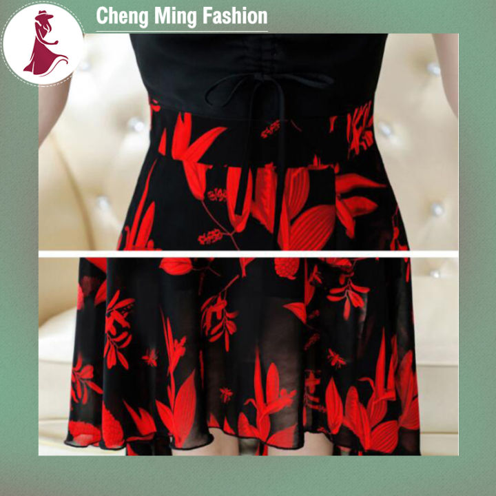 cheng-ming-ชุดเดรสแขนสั้นสำหรับผู้หญิง-ชุดเดรสแขนสั้นสำหรับใส่ในฤดูร้อนคอวีเสื้อเชิ้งพิมพ์ลายชุดกระโปรงสวมหัว