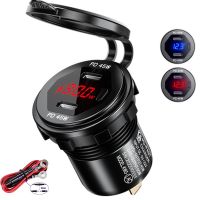 90W Car Charger Dual Type-C PD Socket Power Outlet Adapter 12V 24V Waterproof Fast Charge with LED Voltmeter and ON/Off Switch