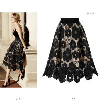 Good Quality 2019 Summer High Elastic Waist Lace Skirt Women Vintage Floral Crochet Hollow Out Ball Gown A-Line Mid-calf Skirt