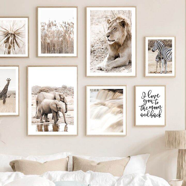 africa-lion-zebra-antelope-น้ำตก-dandelion-wall-art-ภาพวาดผ้าใบโปสเตอร์และพิมพ์เด็กทารก-room-decor