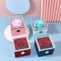 Valentines Day Marriage Proposal Rotating Rose Gift Box Acrylic Ring Box Pendant Preserved Flower Gift Box Jewelry Box Womens