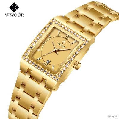 ⌚ นาฬิกา WWOOR hold love with drill square steel strip waterproof quartz female leisure fashion female watch 8858