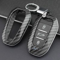 Carbon Fiber Smart Key Fob Cover Case Chain Ring For Peugeot 308 508 2008 3008 5008 Citroen C3 C5 Aircross DS 5 9 3 7 Crossback