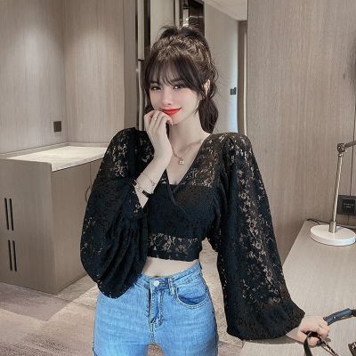‘；’  Lace Hollow Out Blouse Women Summer V-Neck Puff Sleeve Backless Tops Casual Korean Slim Lace Up Solid White Crop Tops