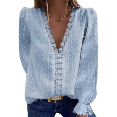 Summer Blouses Women Fashion Lace Patchwork V Neck Long Sleeve Casual Elegant Shirts Tops Office Work Plus Size Chiffon Blouse