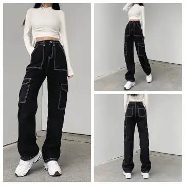 Simon Punk Streetwear Star Print Big Pockets Cargo Jeans Y2K Vintage Low  Waist Distressed Denim Pants Grey Baggy