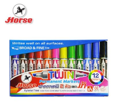 ปากกาเคมี 2 หัว ตราม้า Horse *ลบไม่ออก แพ็ค 12สี / 12ด้าม* ปากกาเมจิก 12 สี ชุดปากกาเคมี