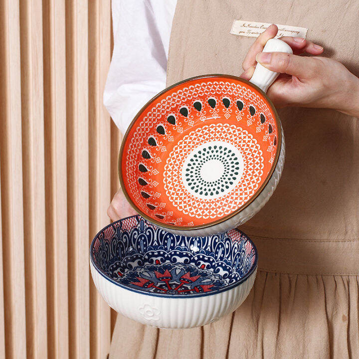 bohemia-ceramic-salad-bowl-with-handle-baking-bowl-cereal-fruit-bowl-solid-color-dessert-soup-noodle-bowl-microwave-oven