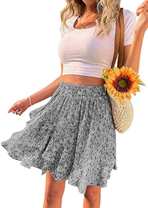 lyaner-womens-floral-print-high-waist-pleated-ruffle-hem-a-line-short-skirt-grey-x-large