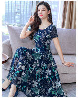 Women Korean Style Flowers Long Dress Round Neck Short Sleeve Floral Print Casual Midi Dress