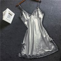 〖Gesh department store〗Satin Nightgown Lady Sexy Bowknot Lace Lingerie Spaghetti Strap Night Dress Women Nighties Sleeveless Sleepwear Nightwear