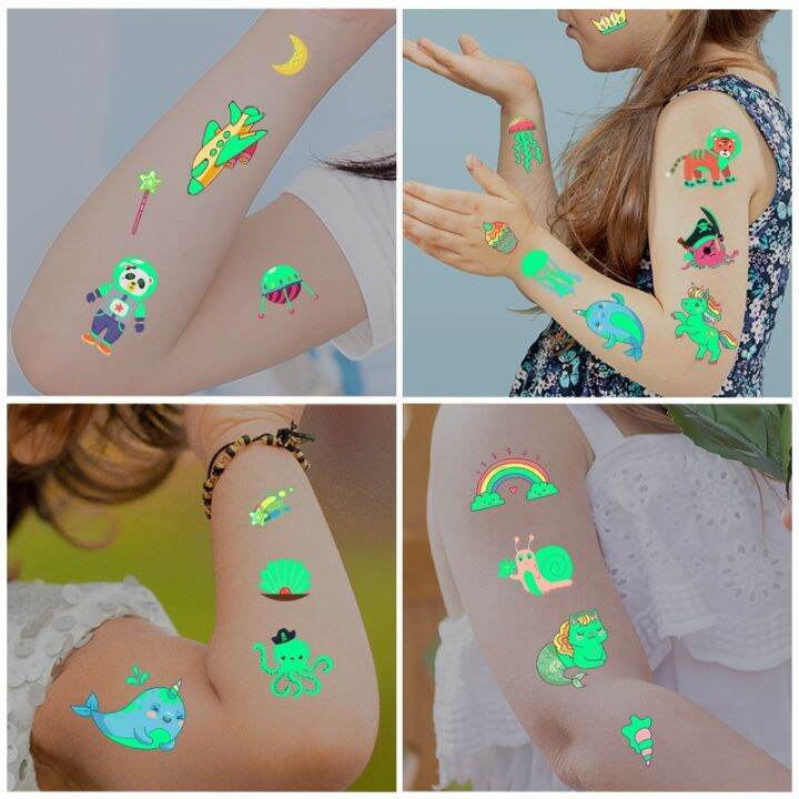 tattoo-stickers-luminous-child-kids-temporary-fake-tattoos-girls-dinosaur-unicorn-mermaid-shark-car-glowing-waterproof-tattoos