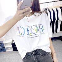 2023 newdior-ผู้หญิงลำลองเสื้อยืดดอกไม้พิมพ์แฟชั่นที่เรียบง่ายหลวมระบายอากาศนุ่มสบายกีฬากลางแจ้งออกกำลังกายฤดูร้อนผ้าฝ้ายแขนสั้นท็อปส์