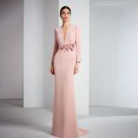 【YF】 Elegant Pink Mother of the Bride Dresses V Neck Long Sleeves Wedding Party Gowns Flowers Floor-Length Mermaid 2023 فساتين السهرة