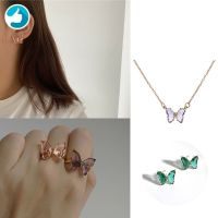 Fashion Jewelry Stained Glass Crystal Butterfly Earring Necklace Open Ring Women Shiny Prom Jewelry Set