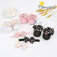 Mmyard รองเท้ารองเท้าเด็กผู้หญิงทารกเด็ก,พื้นนิ่มพิมพ์ลายดอกไม้ติดโบว์ยางยืดกันลื่นพร้อมที่คาดผมสำหรับใช้อาบน้ำ