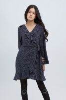 ESP เดรสทรงไขว้ทับลายจุด ผู้หญิง สีกรมท่า | Dot Print Wrap Dress | 5782