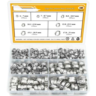 128pcs 304 Stainless Steel Single Ear Stepless Hose Clamps Clamp Assortment Kit Crimp Pinch Rings for Securing Hoses
