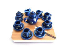 Clothing mother and baby 9pcs dollhouse Miniature Porcelain Blue Printing Tea Cup set บนโต๊ะอาหารห้องครัว