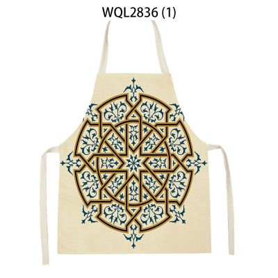 1 Piece Blue And White Ethnic Geometric Pattern Kitchen Apron Unisex Home Cooking Baking Shop Household Women Cleaning Apron Bib