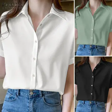 women's short sleeve white button down blouse