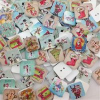 100 pcs Wooden Sewing Buttons Scrapbooking Square Christmas Painting Mixed Two Holes 15 x 15mm Decorate WB04 Haberdashery