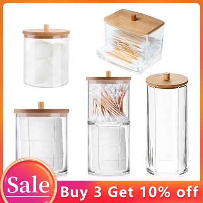 Acrylic Makeup Organizer Cotton Pad Storage Box For Cotton Swabs Rod Cosmetics Jewelry Organizer with Bamboo Lid Repacking Boxes