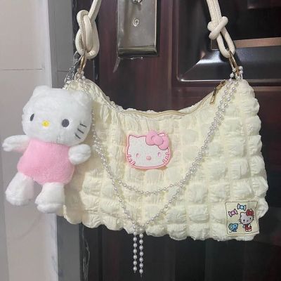 Sanrio Hello Kitty Contrast Color Shoulder Bag Pearl Chain Handbag Fashion Underarm Bag Girl Tote Bag