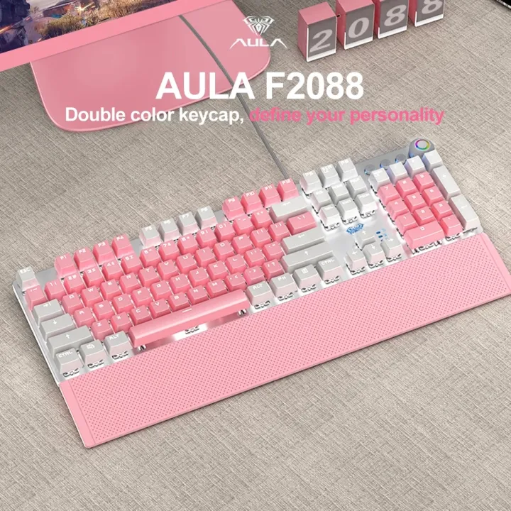 AULA F2088 Pink Mechanical Gaming Keyboard, with Wrist Rest, Media Knob