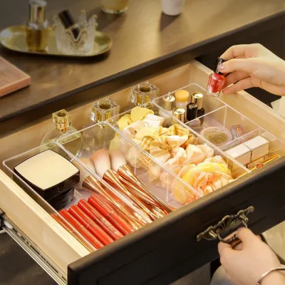 Clear Acrylic Makeup Layered Storage Box Dressing Table Cosmetic Lipstick Finishing Grid Box Desktop Drawer Storage Compartment