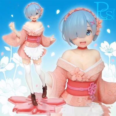 ✁VGFH MALL 23CM อะนิเมะสาวที่มีผมสีฟ้า Kawaii Rem Ram กล่องที่มีสีสัน