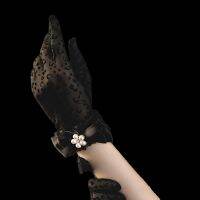 № Fashion Women Black Lace Party Sexy Full Fingers Sunscreen Gloves with Pearls For Girls Mittens Wedding Accessories