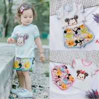 COD SDFGDERGRER 1-7Years Pajama Wear Cartoon Print Short Sleeve T-shirt Round Neck Casual Tops Solid Color Short Set
